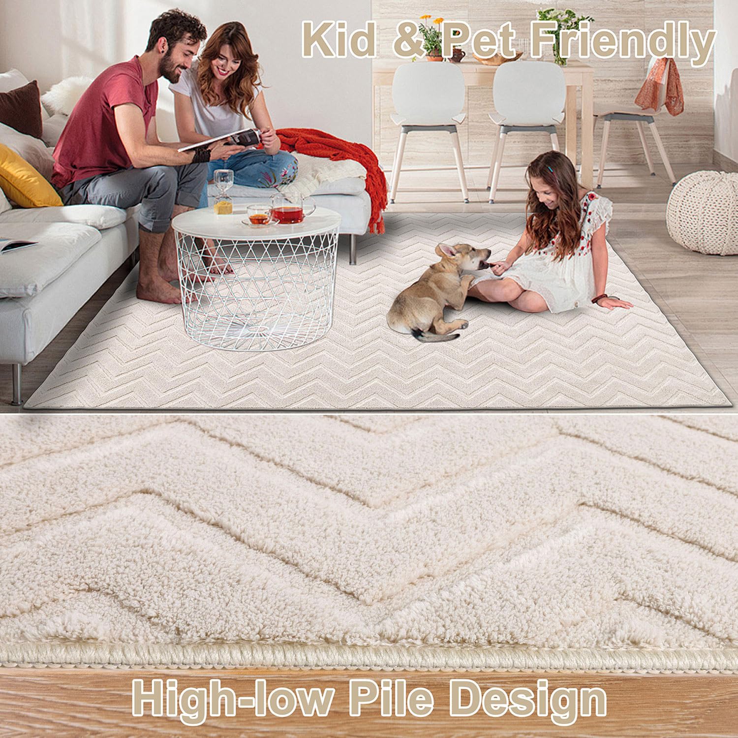 SHACOS Area Rug for Living Room Large Rugs 160 x 230 cm Modern Cream Rug for Bedroom Washable Non-Slip Rug Modern Floor Carpet Ultra Soft Shaggy