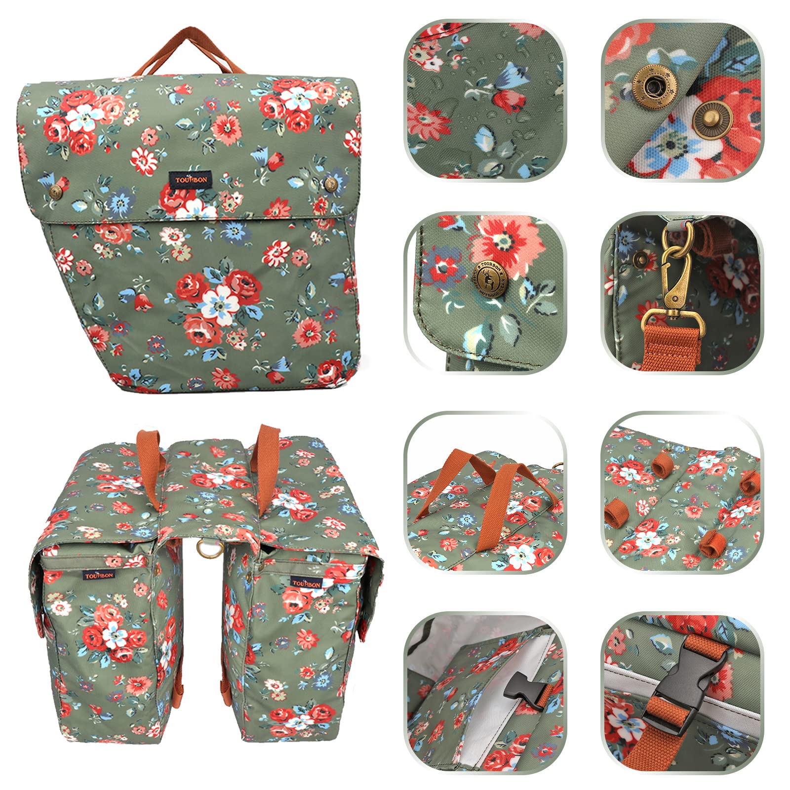 Tourbn TOURBON Waterproof Canvas Bicycle Bike Rear Seat Carrier Luggage Storage Bag Cycling Double Roll-up Pannier Bag Rear Pack (Flower Pattern),