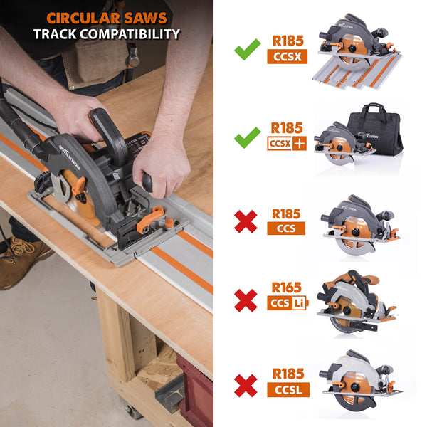 Evolution Power Tools R185CCSX Circular Saw With 1020 mm 3-Piece Track | Multi-Material Blade, Cuts Wood, Metal, Plastic & More | Incl Dust Port Adapter | 185mm (230v)