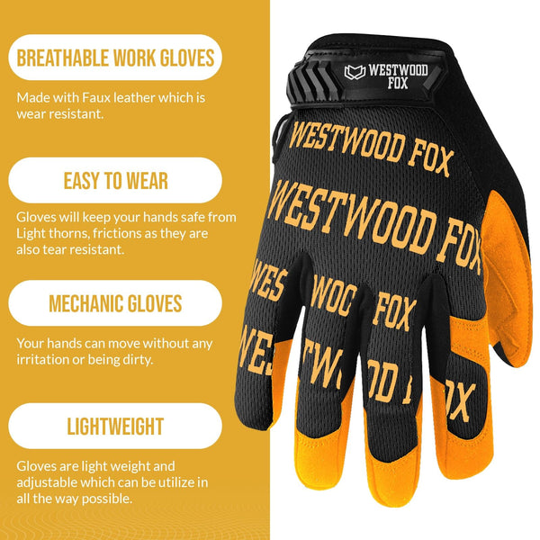 WESTWOOD FOX Gardening Working Gloves Garden Thorn Proof Flexible Heavy Duty Leather Mechanic Utility Dexterity Breathable Construction Gloves for Work Mens Women (Metallic Orange, L)