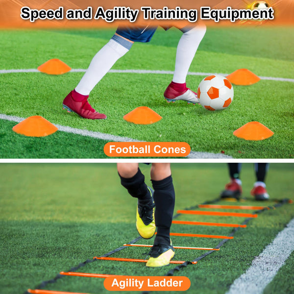 Football Goal Set with Football Training Equipment for Kids, Foldable Football Net with Speed Agility Ladder Disc Cones, Indoor Outdoor Garden Toy