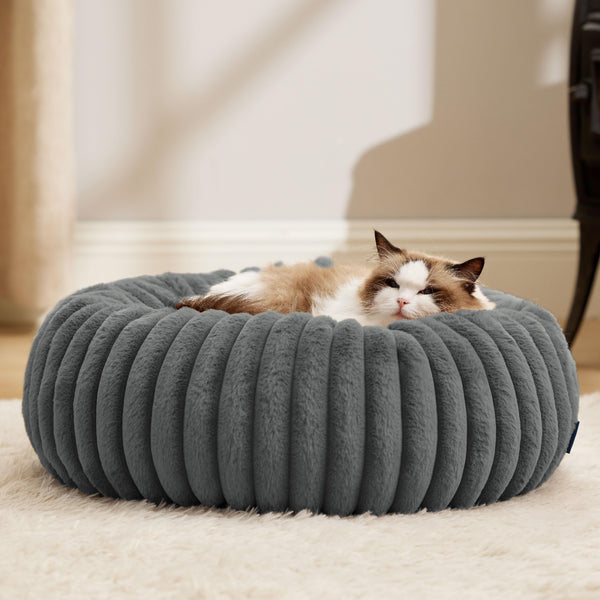 Bedsure Cat Bed for Indoor Cats - 51x51x15 cm Fluffy Cat Donut Bed with Corduroy Fleece & Anti Slip Bottom, Puppy Kitten Beds Washable with Removable Cover, Dark Grey
