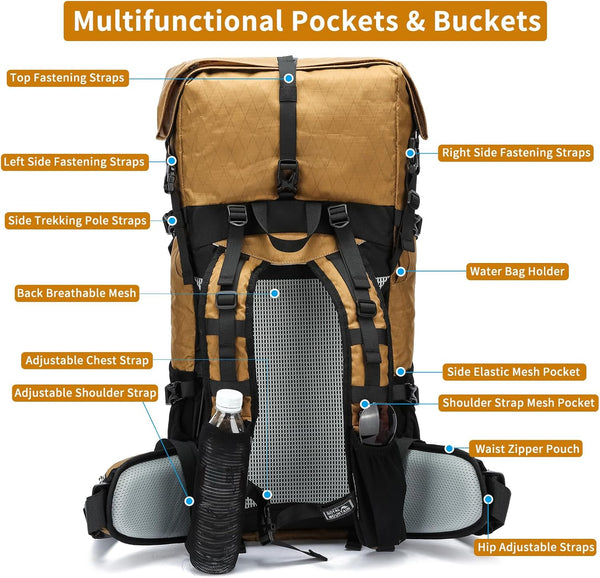 POWER KING 40L Expandable TO 50L Hiking Backpack,Upgraded X-PAC Scratch-proof Lightweight Large Rucksack for Mens Women, Outdoor Roll Top Camping Packsack, Fit for 15.6'' Laptop