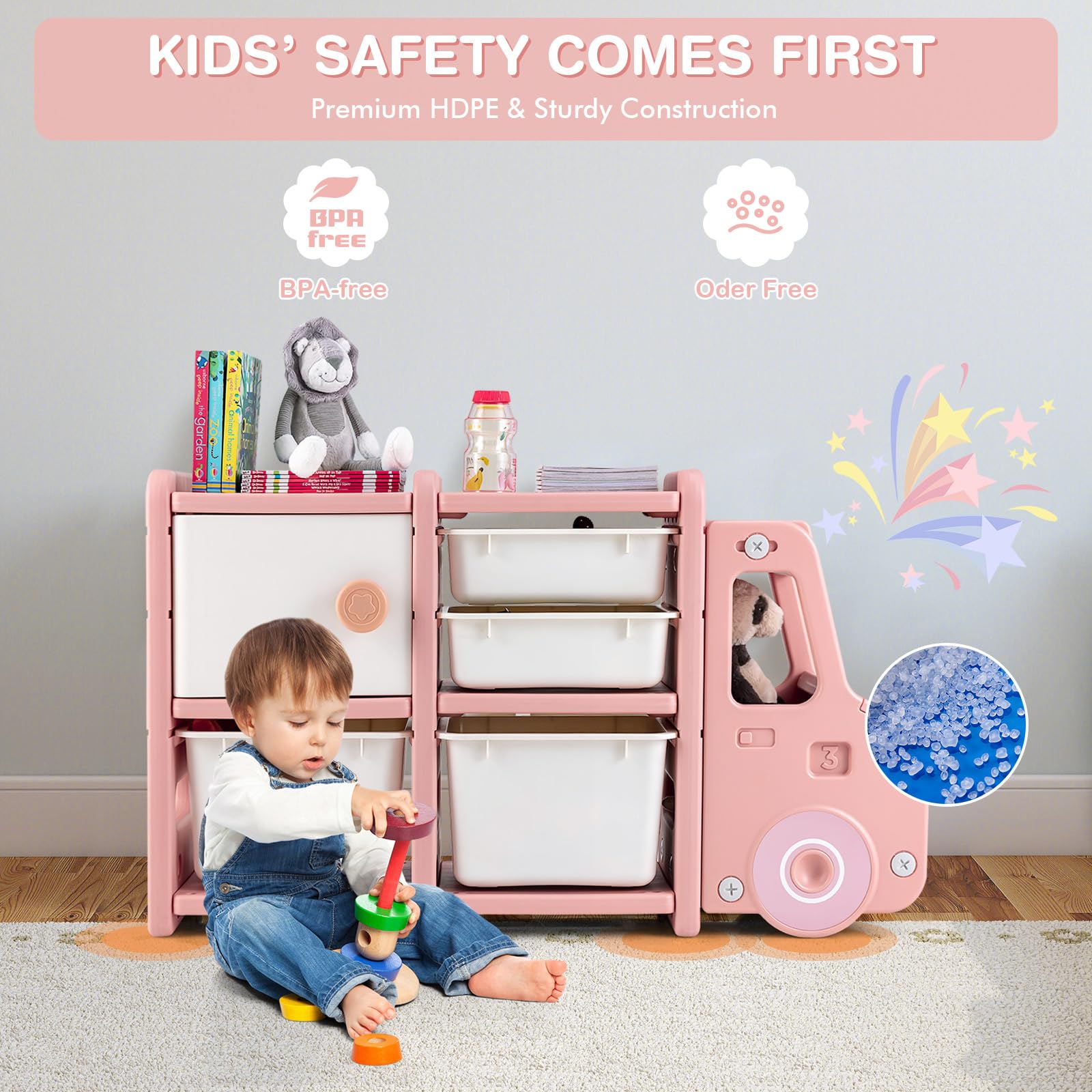 COSTWAY Kids Storage Units, Children Toy Organizer with Plastic Bins, Pull-Out Drawers and Door Cabinet, Toddler Storage Chest for Nursery Playroom Bedroom (Car Shape, 112 x 35 x 66cm)