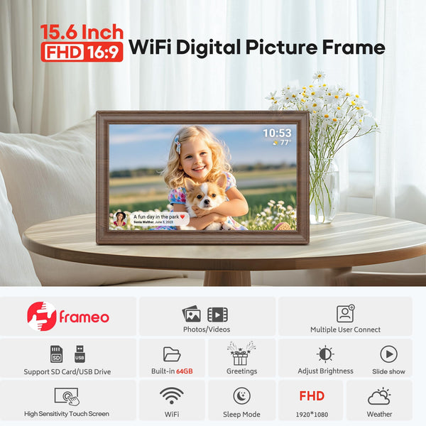 Frameo WiFi Digital Photo Frame 10.1 Inch - 1280x800 HD IPS Touch Screen Picture Frame Electronic, 32GB Memory, Auto Rotate, Wall Mountable, Digital PictureFrame for Sharing Photos and Videos