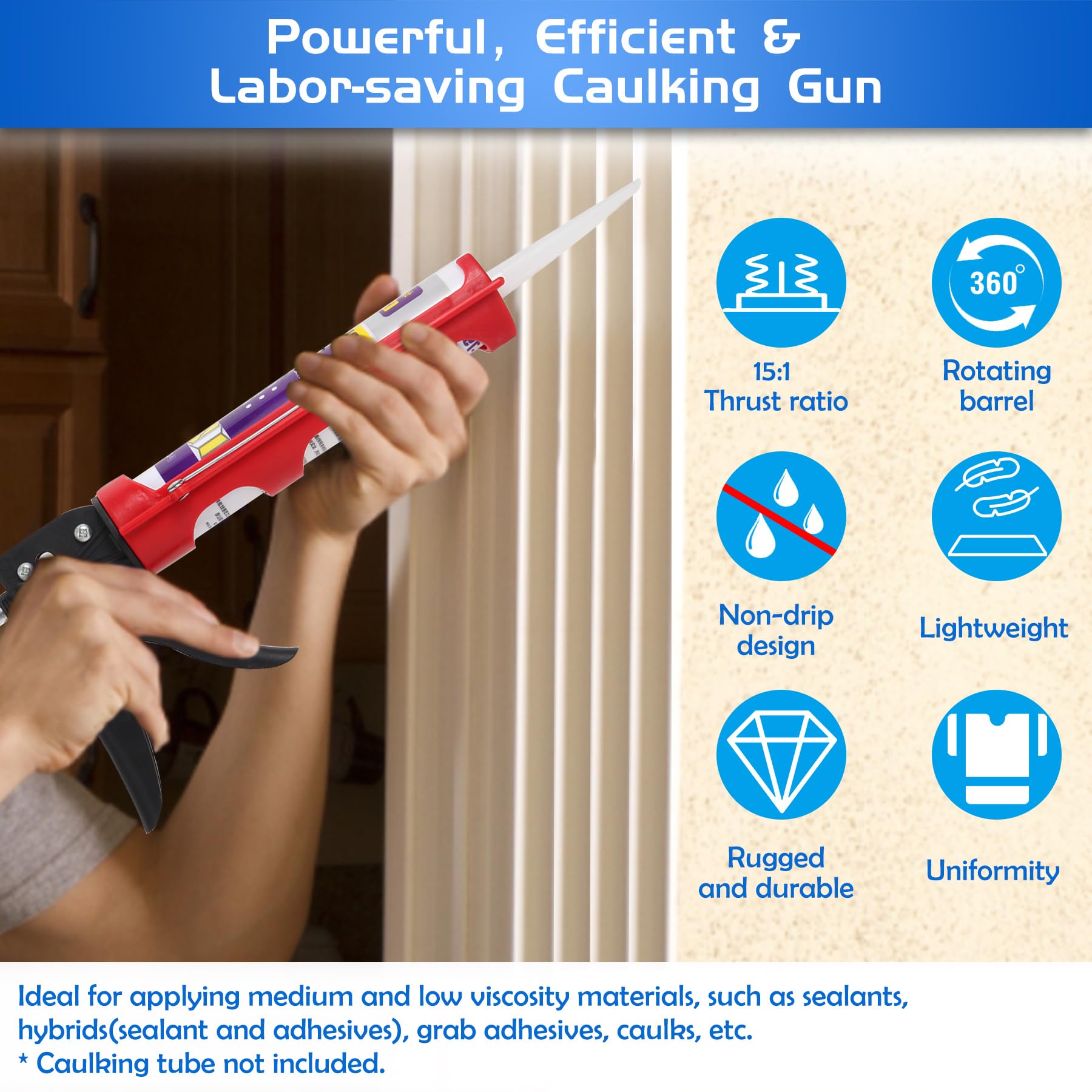 iLitLuk Drip-Free Caulking Gun Ratchet Rod Caulk Gun Applicator 15:1 Thrust Ratio Labor-Saving Lightweight Nylon Frame Cartridge Gun for 10oz/300ml Standard Caulk Tubes with Silicone Finishing Tools