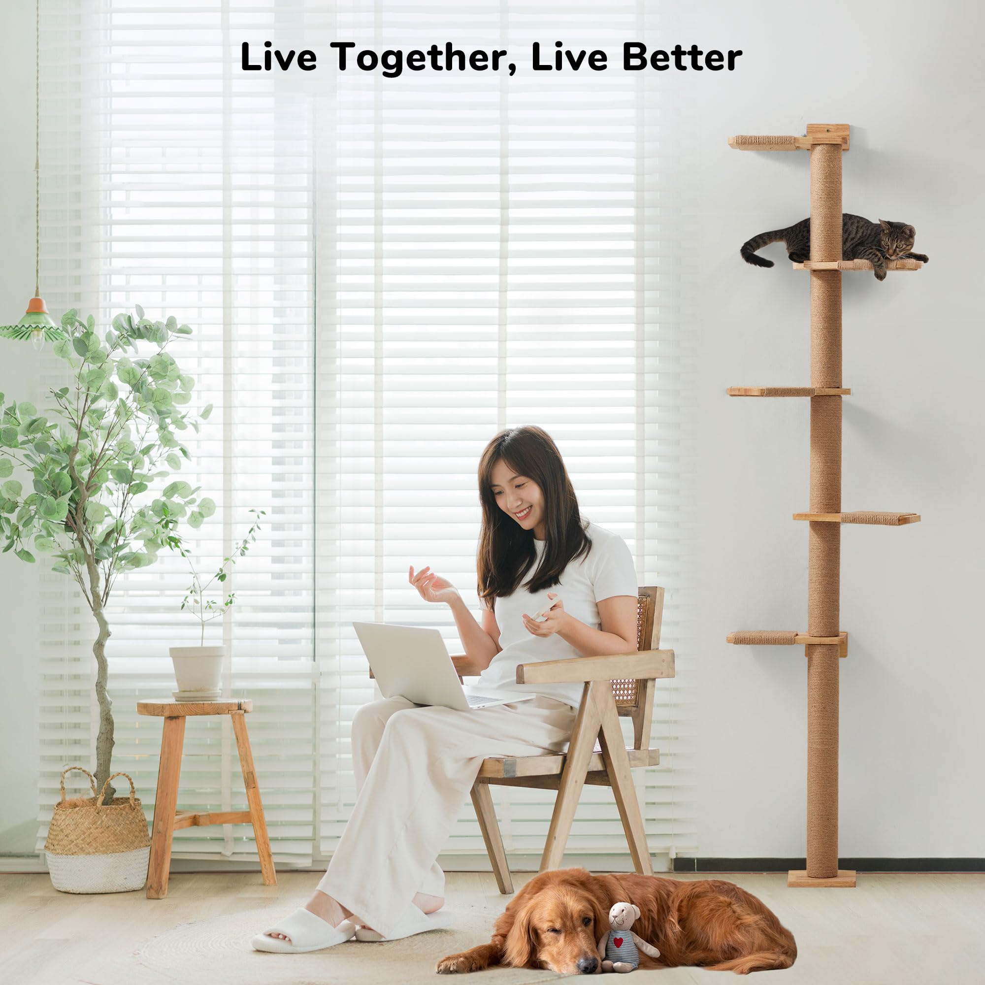 FUKUMARU Tall Cat Tree, 5 Tier Floor to Ceiling Cat Tower, Wall-Mounted Cat Scratching Post, Wild Simulation Cat Wall Shelves, Suitable for Cats