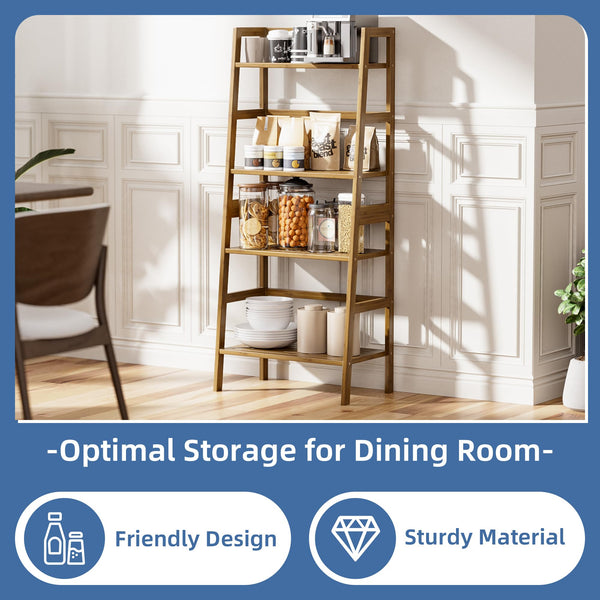 HITNET Ladder Bookcase, 4-Tier Leaning Bookshelf, Bamboo Open Display Storage Rack Shelves, Flower Plant Stand, Space Saving Small Book Shelf, Walnut