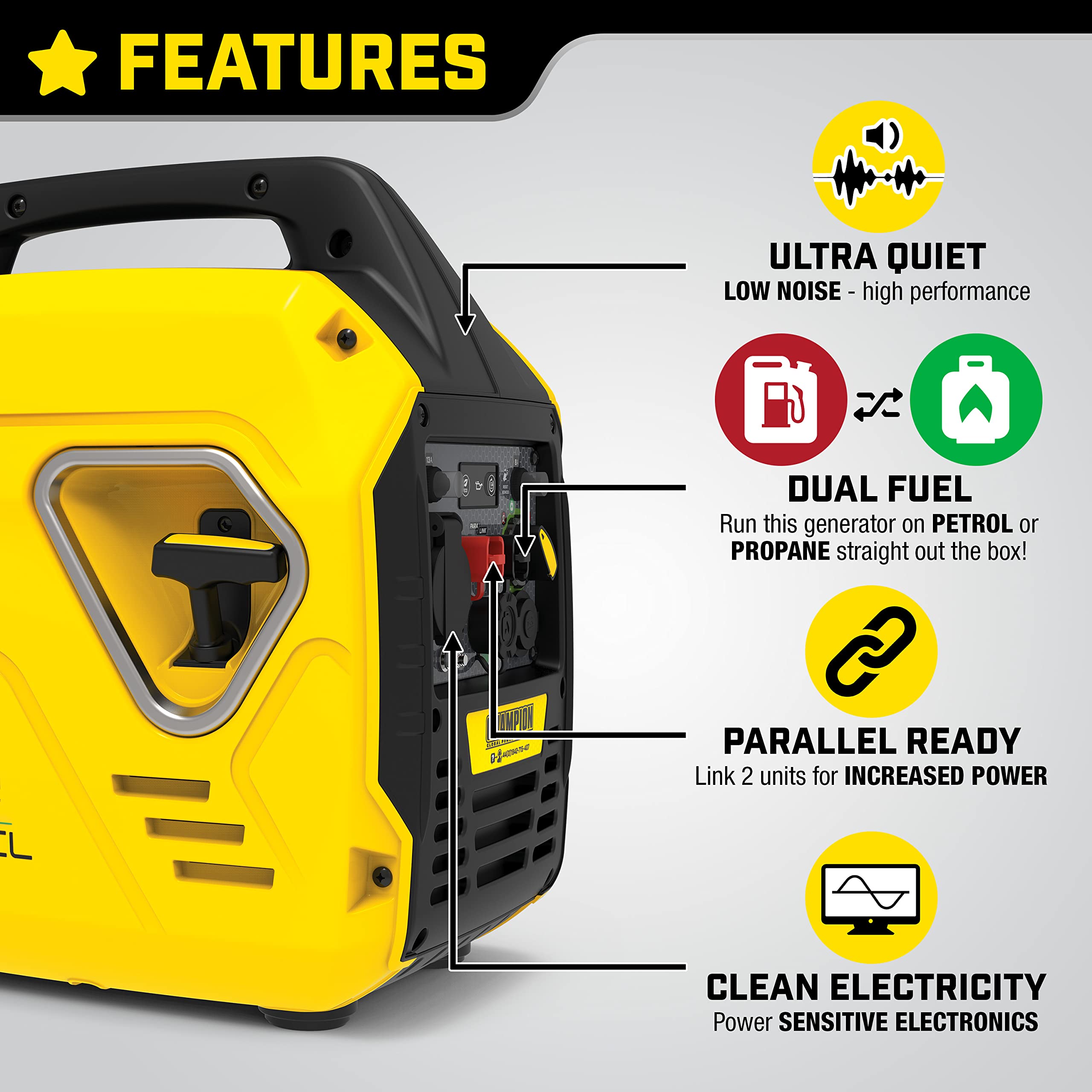 Champion Power Equipment 92001i 2200 Watt LPG Dual Fuel Portable Inverter Generator - 80cc Engine, 4.1L, Petrol or Propane - Lightweight, True Sine Wave, EZ Start, Fuel Fill Assist LED, Ultra Quiet