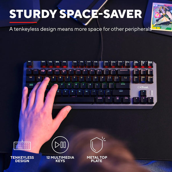 Trust Gaming GXT 834 Callaz TKL Mechanical Gaming Keyboard with UK Layout, Compact Tenkeyless Design (80%), Outemu Switches, Multicolour LED Lighting, USB Mechanical Keyboard for PC, Laptop, Mac