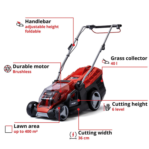 Einhell Power X-Change 36/36 Cordless Lawnmower With Battery (x2) and Charger (x2) - 36V Brushless Motor, 36cm Cutting Width, 40L Grass Box, 6 Cutting Heights - GE-CM 36/36 Li Electric Lawn Mower