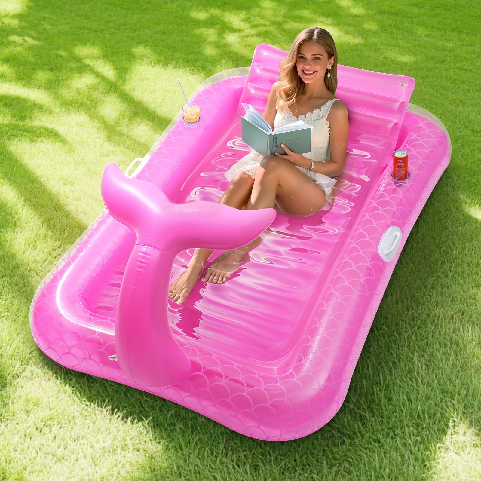 MoKo Pool Floats Adult, Floating Bed with Ice Bar, Tanning Bed Pool Raft Inflatable Lounger with Drink Holder Tanning Chair Inflatable Pool Toys for Party Beach Backyard