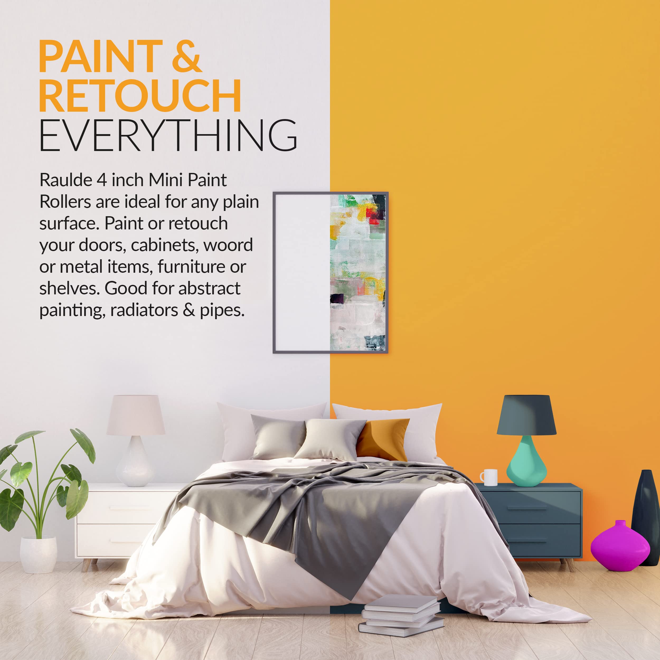 RAULDE 10 Pieces Paint Roller Set - Includes a Paint Tray, Brush, Large and Mini Rollers & Sleeves, Paint Repellent Masking Tape, Paint Mixer - Roller Set for Painting Walls, Edges & Ceilings