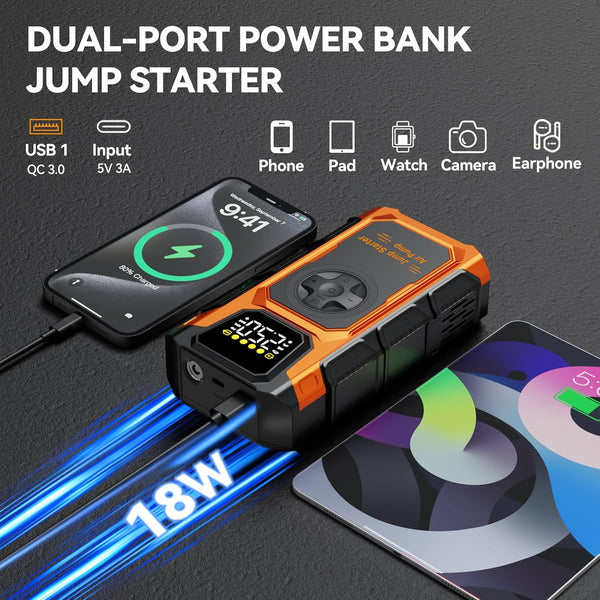 Jump Starter Power Pack with Air Compressor & Tyre Inflator, 5000A Car Battery Booster(for 10L Petrol or 8L Diesel) 12V Jump Starters Power Bank with Jump Leads, 18W Fast Charging, LCD Screen, LED