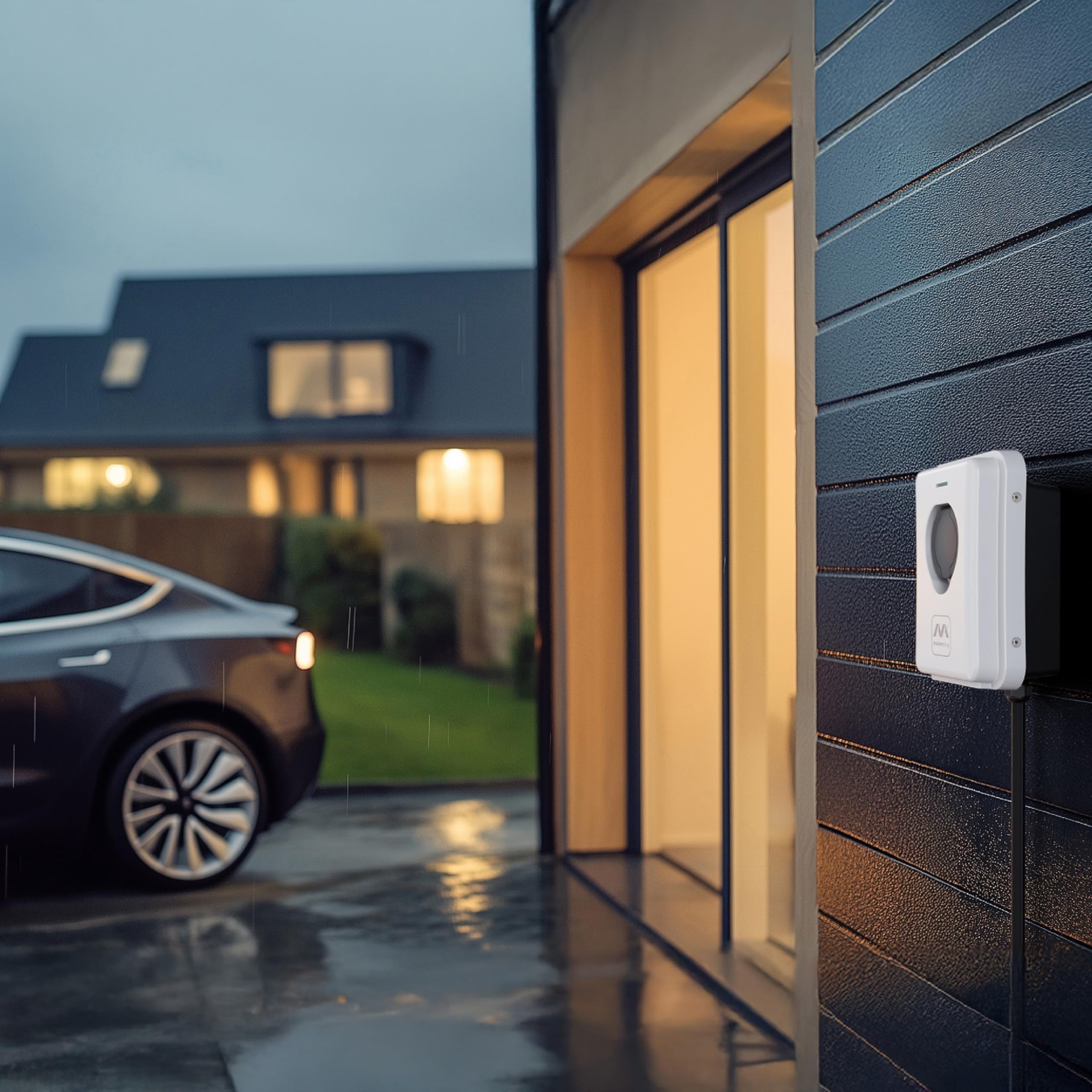 Masterplug Smart EV Home Wall Charger for Type 2 Electric and Plug-In Hybrid Vehicles, Tethered with 5m Cable, Mode 3, App Control, Solar Charging, Single Phase, Black, IP55, 7.4kW, 32A, EVCM3ST7B-MP