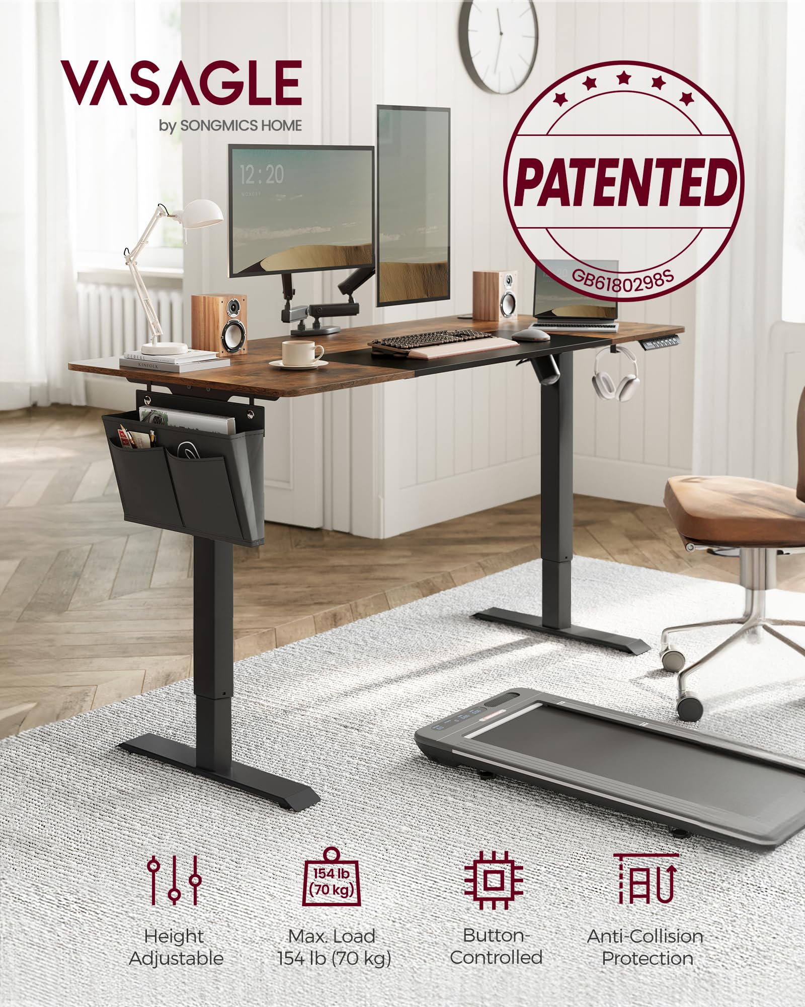 VASAGLE Electric Standing Desk, Height Adjustable Desk, 60 x 140 x (72-120) cm, 4 Memory Heights, Storage Pocket, for Home Office, Study, Rustic Brown and Ink Black LSD134K02