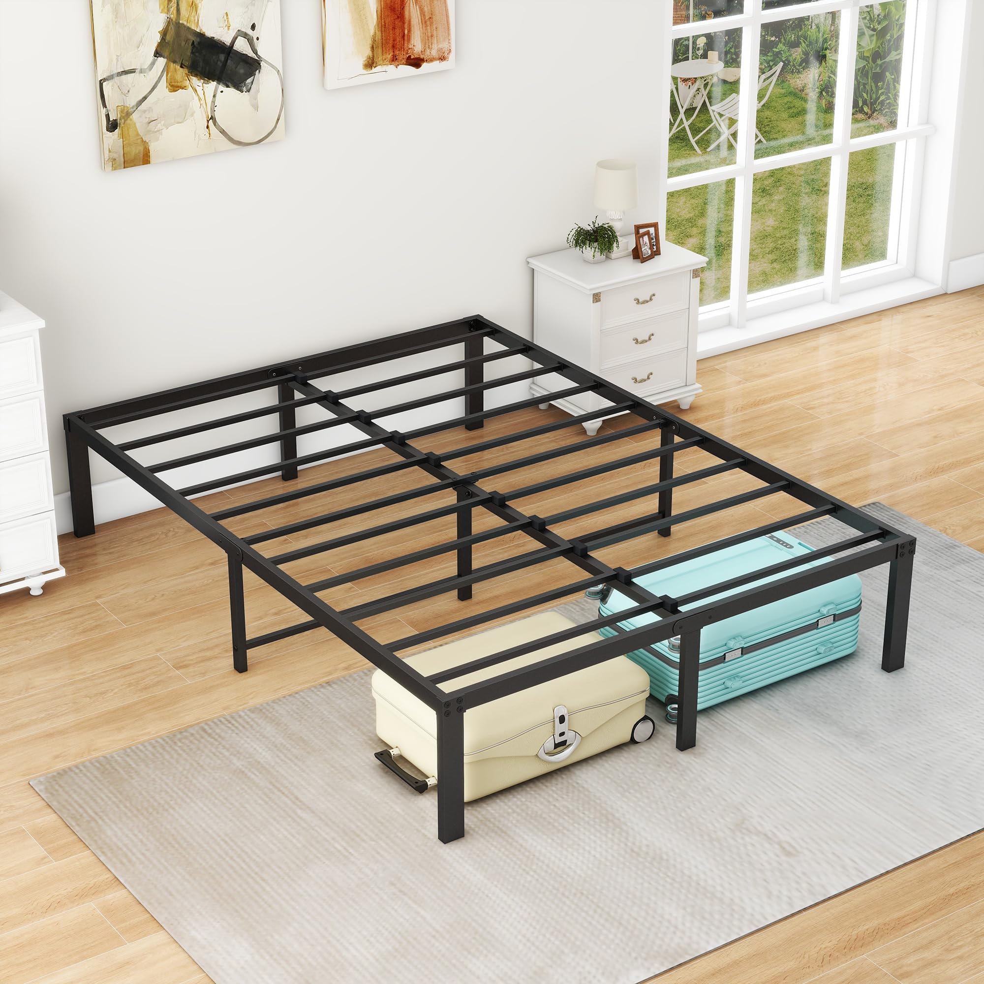 4ft6 Double Bed Frames, 36cm High Metal Platform Bed Frames Double with Storage Under Bed/Steel Slats Mattress Base, No Box Spring Needed, Enhanced