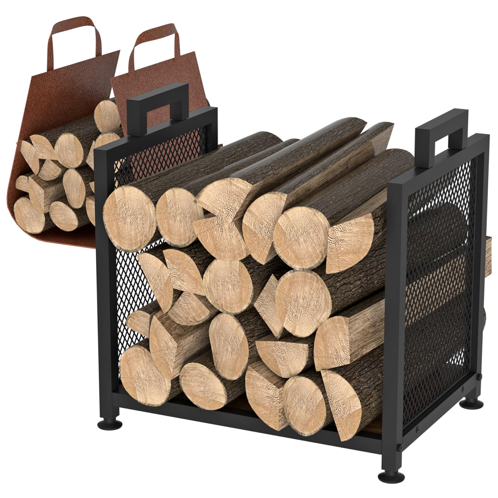 Firewood Rack for Indoor, Heavy Duty Fire Wood Racks Holder, 17.32" Metal Wood Storage Log Holder with Leather Carrier, Small Firewood Stand for