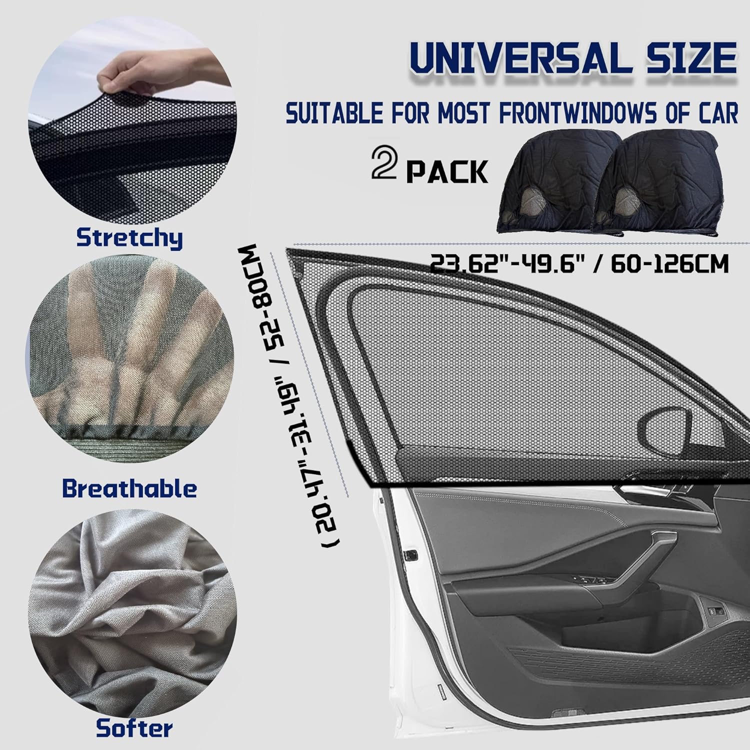 Car Front Window Shades, OUTTDID 2 Pack Side Window Sun Shades, Car Heat and UV Protection Stretchy Mosquito Net Cover Fit Cars SUVs - Up to 80x126cm