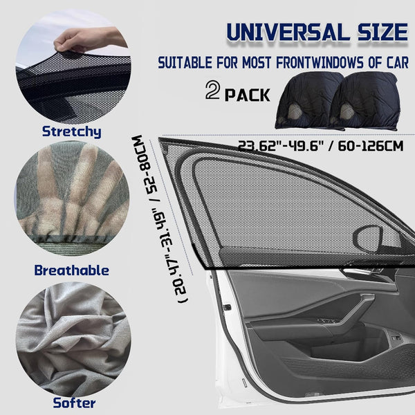 Car Front Window Shades, OUTTDID 2 Pack Side Window Sun Shades, Car Heat and UV Protection Stretchy Mosquito Net Cover Fit Cars SUVs - Up to 80x126cm