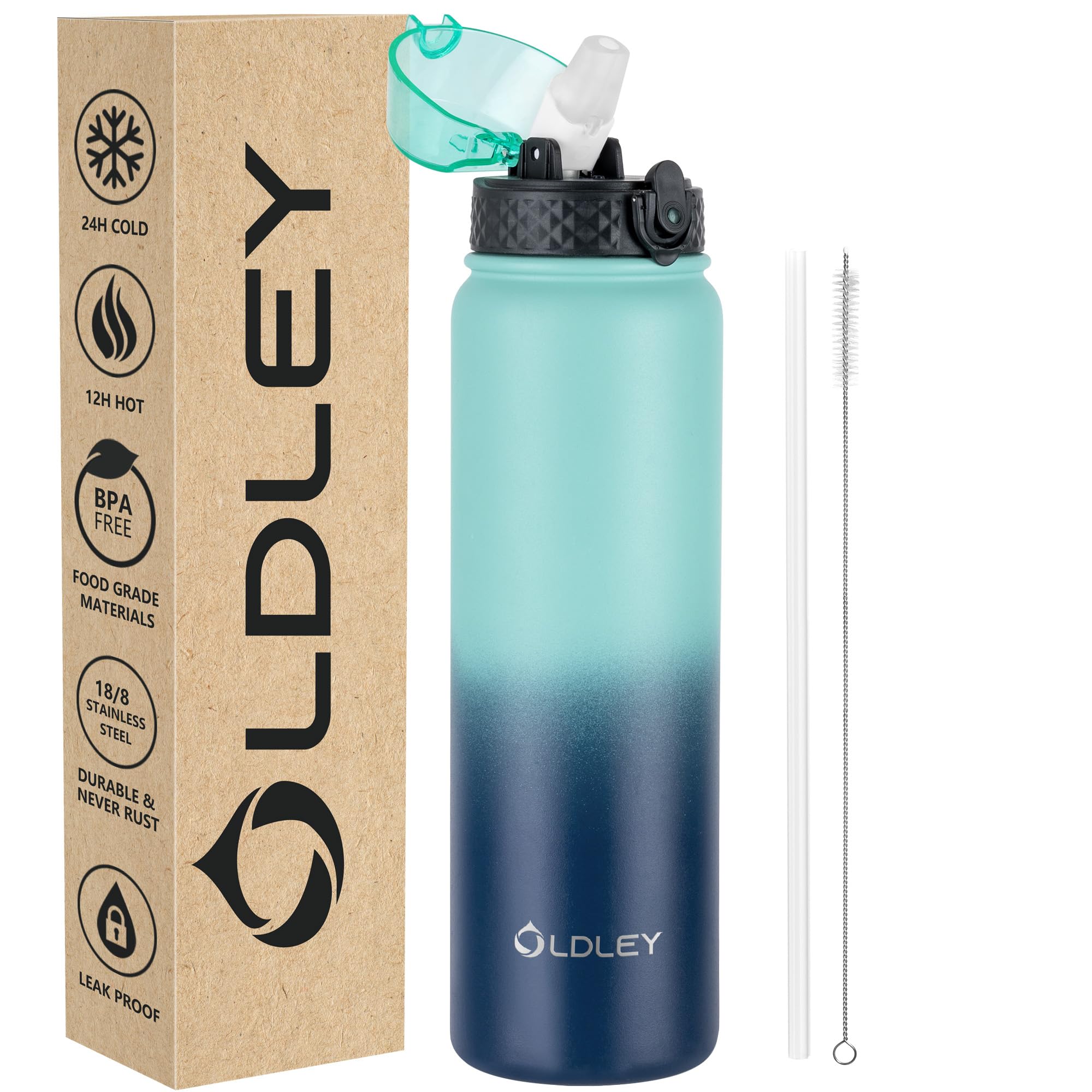 OLDLEY Stainless Steel Water Bottle with Straw 1L Vaccum Insulated Large Drink Flask Metal Water Bottles 1 Litre Leakproof Keep Drinks Hot Cold for Sports Gym with Different Lids(Purple Green, 3 Lids)