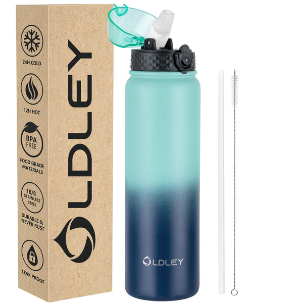 OLDLEY Stainless Steel Water Bottle with Straw 1L Vaccum Insulated Large Drink Flask Metal Water Bottles 1 Litre Leakproof Keep Drinks Hot Cold for Sports Gym with Different Lids(Purple Green, 3 Lids)