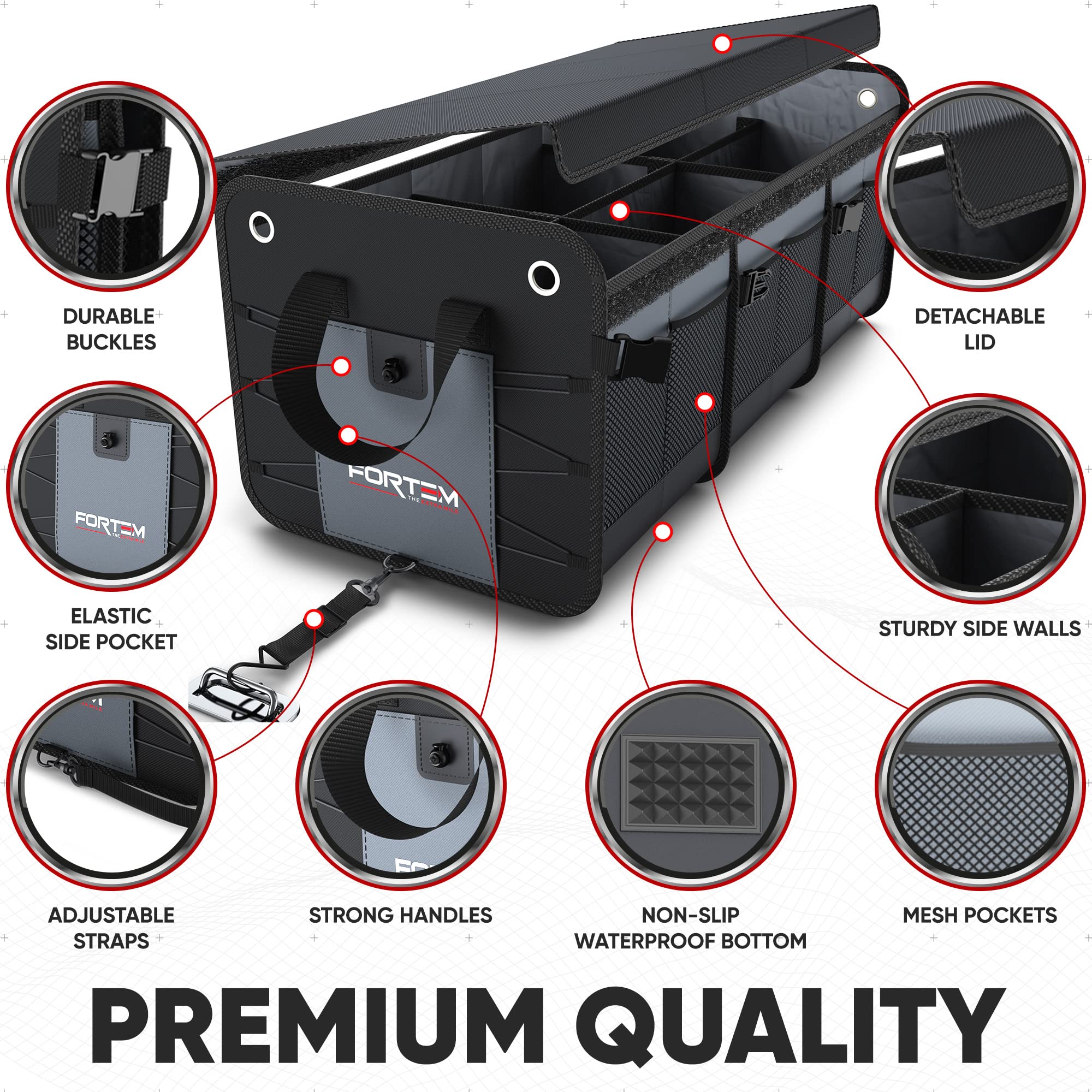 FORTEM Car Boot Organiser, SUV Boot Tidy, Trunk Storage, Collapsible Multi Compartment Car Organiser, Non Slip Bottom, Adjustable Securing Straps, Foldable Cover (65L)