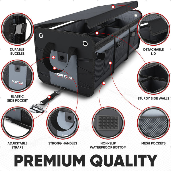 FORTEM Car Boot Organiser, SUV Boot Tidy, Trunk Storage, Collapsible Multi Compartment Car Organiser, Non Slip Bottom, Adjustable Securing Straps, Foldable Cover (65L)