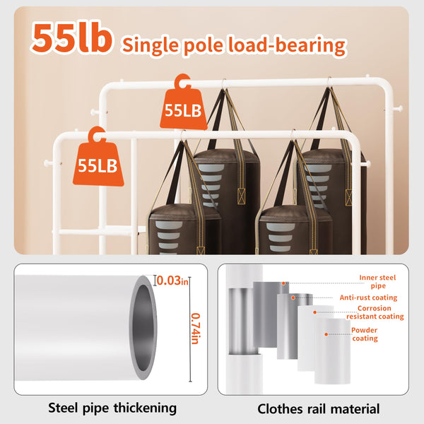 JOISCOPE Wide Clothes Rail, 66.9*47.2 inch Clothing Rack for Bedroom, Clothes Rack with 2 Hanging Rails, 4 Hooks, 4 Side Shelves, and Bottom Shelve,