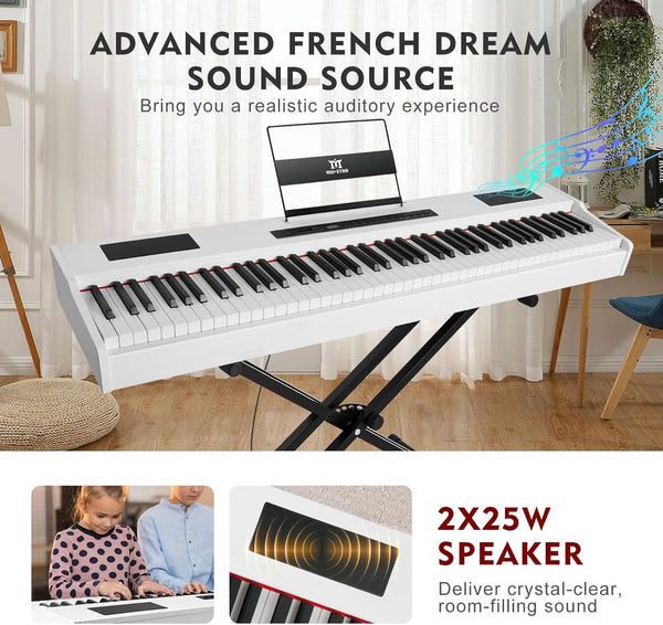 MUSTAR Digital Piano 88 Weighted Keys Hammer Action, Full Size 88 Key Piano Keyboard Weighted, Electric Keyboard Piano with Bluetooth Connection, Portable Case, Sustain Pedal, White