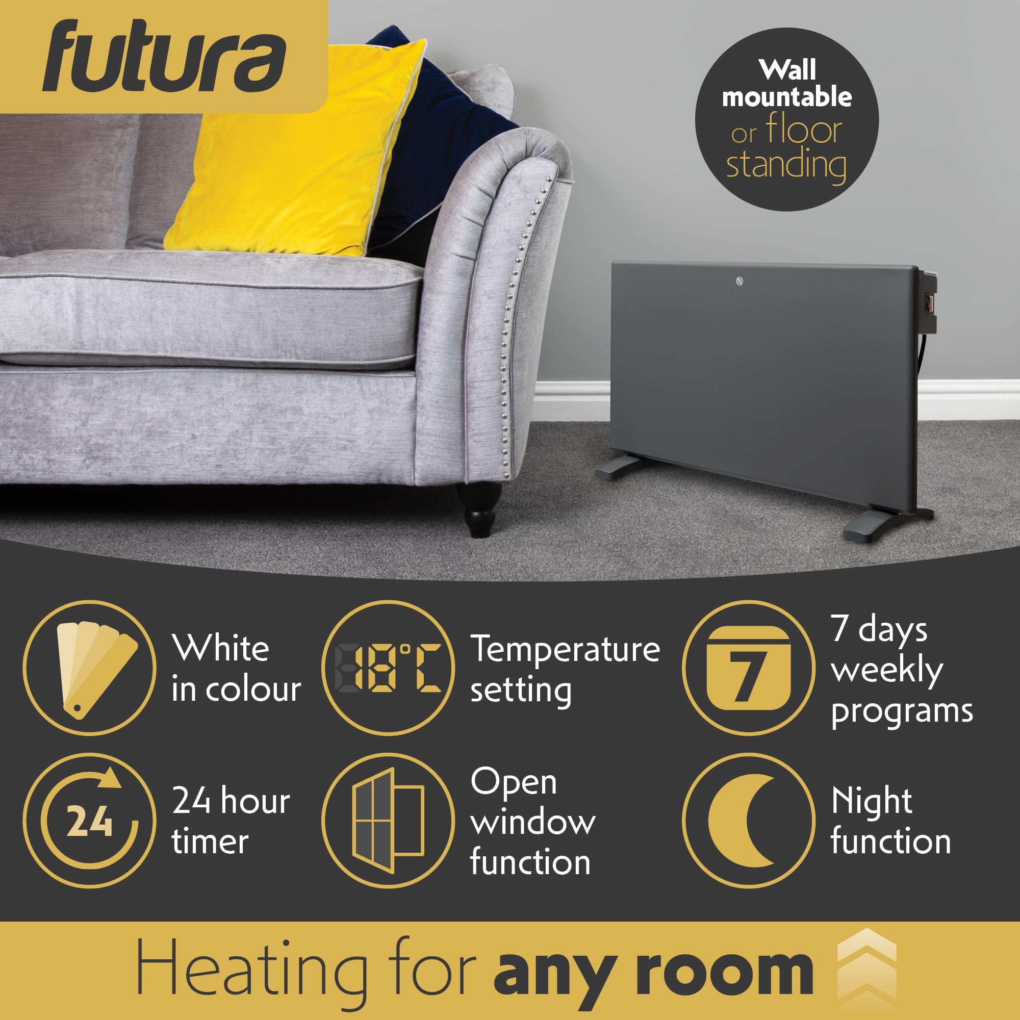 Futura 2000W Grey Electric Radiator Heaters for Home, Bathroom Safe Electric Heater Setback Timer Lot 20 & Advanced Thermostat Control Wall Mounted or Floor Standing Low Energy Panel Heater