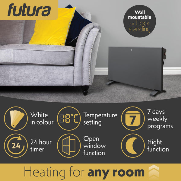 Futura 2000W Grey Electric Radiator Heaters for Home, Bathroom Safe Electric Heater Setback Timer Lot 20 & Advanced Thermostat Control Wall Mounted or Floor Standing Low Energy Panel Heater