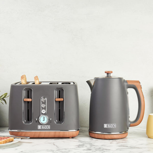 Haden Dorchester Grey Toaster 4 Slice - Variable Browning Levels - Digital Controls & Wide Slots 4 Slice Toaster - Cancel/Defrost/Reheat Settings -