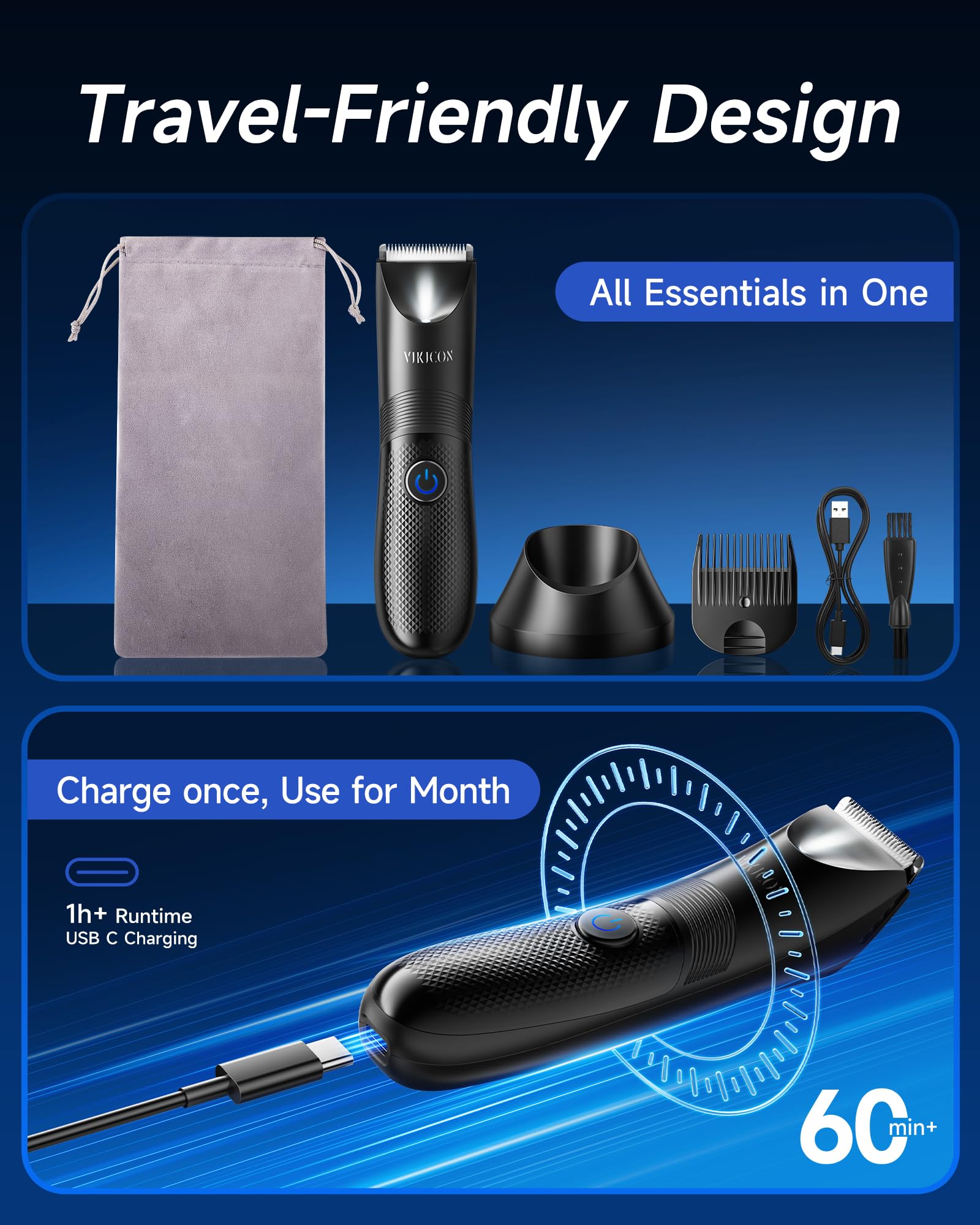 Manscape Trimmer for Men, VIKICON Pubic/Body Hair Trimmer, Electric Ball Trimmer for Private Parts, IPX7 Waterproof Body Goomer Shavers, USB-C Charging, Gifts for Men, New HT871