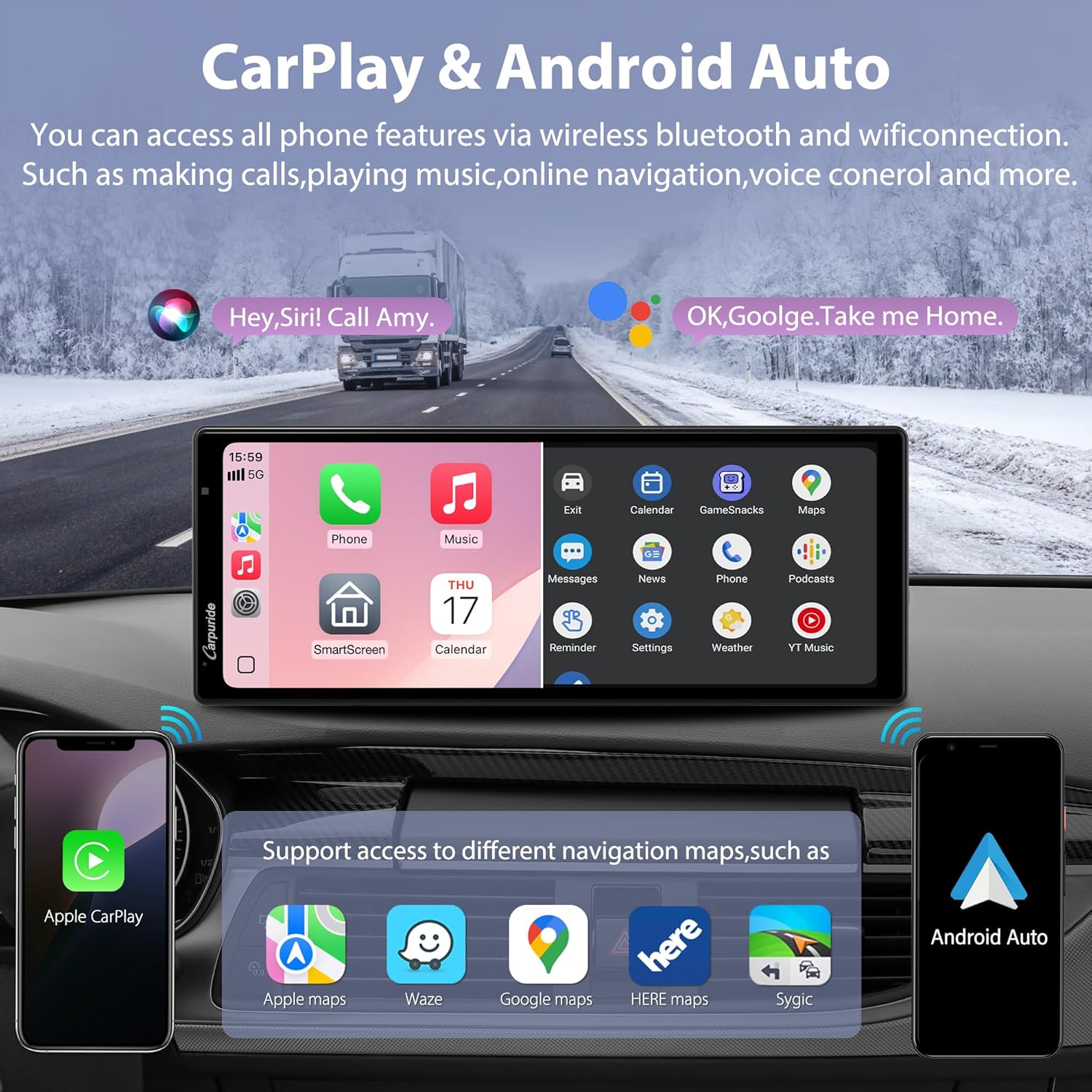 Carpuride Wireless Carplay & Android Auto with Dash Cam - 10.26" HD IPS Touch Car Play Screen for Car, 4K Front & 1080P Rear Camera, Loop Recording, Bluetooth Audio, Mirror Link, GPS, Siri