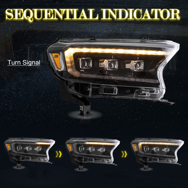 VLAND Headlight Suitable for Ranger T6 T7 T8 T8 XL XLT Wildtrak Raptor 2015-2020 with Sequential Daytime Running Light (LED Matrix, Yellow Reflector) LHD