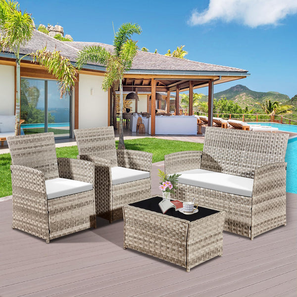 4 Piece Rattan Garden Furniture Sets, Patio Conservatory Set, Include Rattan loveset Sofa, Chair, Glass Coffee Table