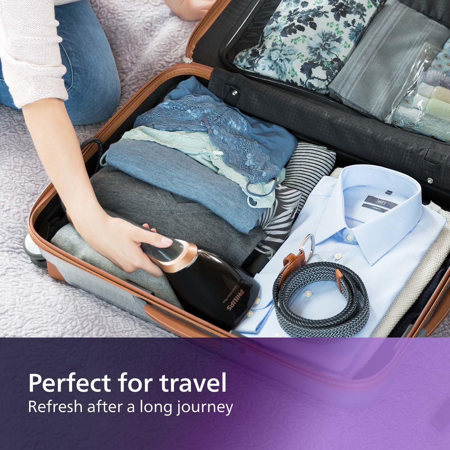 Philips Steam&Go Plus Handheld Clothes Steamer, Vertical and Horizontal Garment Steamer, No Ironing Board Needed, 0.07 Litre, 1300 W, Black/Copper,