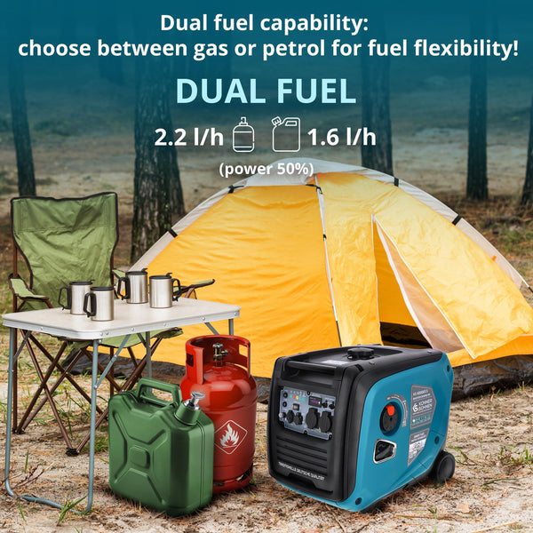 Könner & Söhnen KS 3100iG S portable LPG/petrol inverter generator 3100 W,UK Plug Socket 1x13 A (230 V), 2 USB ports,copper winding,silent inverter generator,dual fuel generator