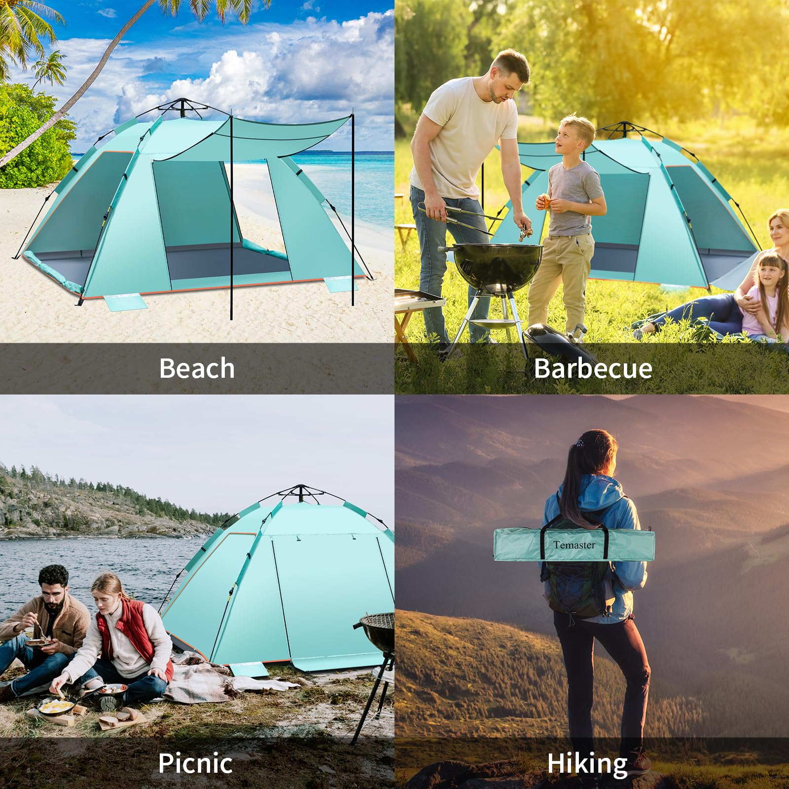 4-5 Person Instant Pop Up Automatic Beach Tent, Extra Large Portable Ventilated Automatic Beach Sun Shelter Tent, UPF 50+ Easy Setup Beach Tent for Picnic,Beach,Garden