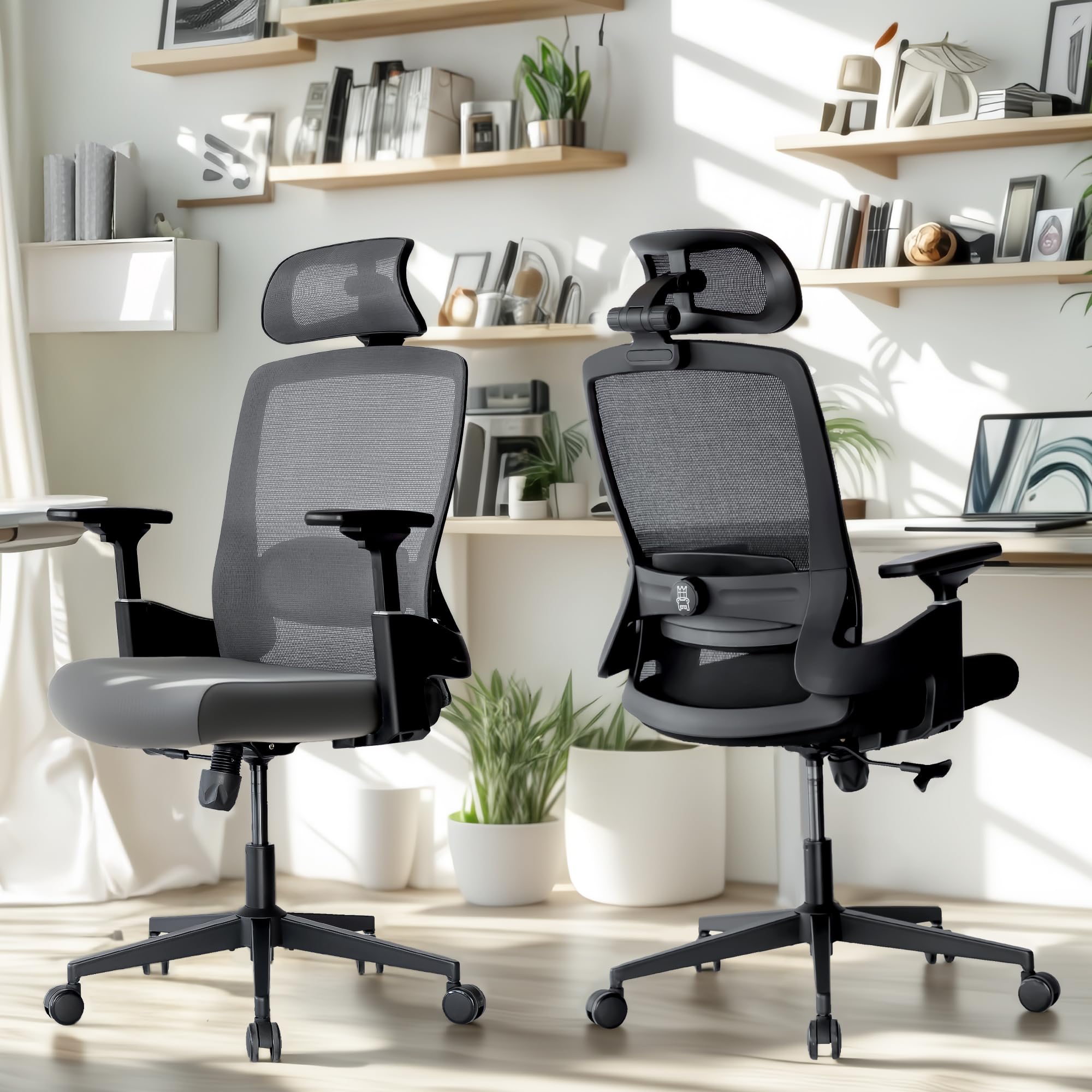 Realm of Thrones CAPTAIN Ergonomic Office Chair for Home, Heavy Duty Steel Base, Versatile Flip-up Armrests, Adjustable Lumbar Support, Mesh Back Comfort Cushion Seat for Computer Desk/Gaming (Black)