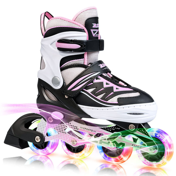2pm Sports Adjustable Light up Inline Skates, Stylish Design Beginner Roller Skates for Boys and Girls - Pink Large