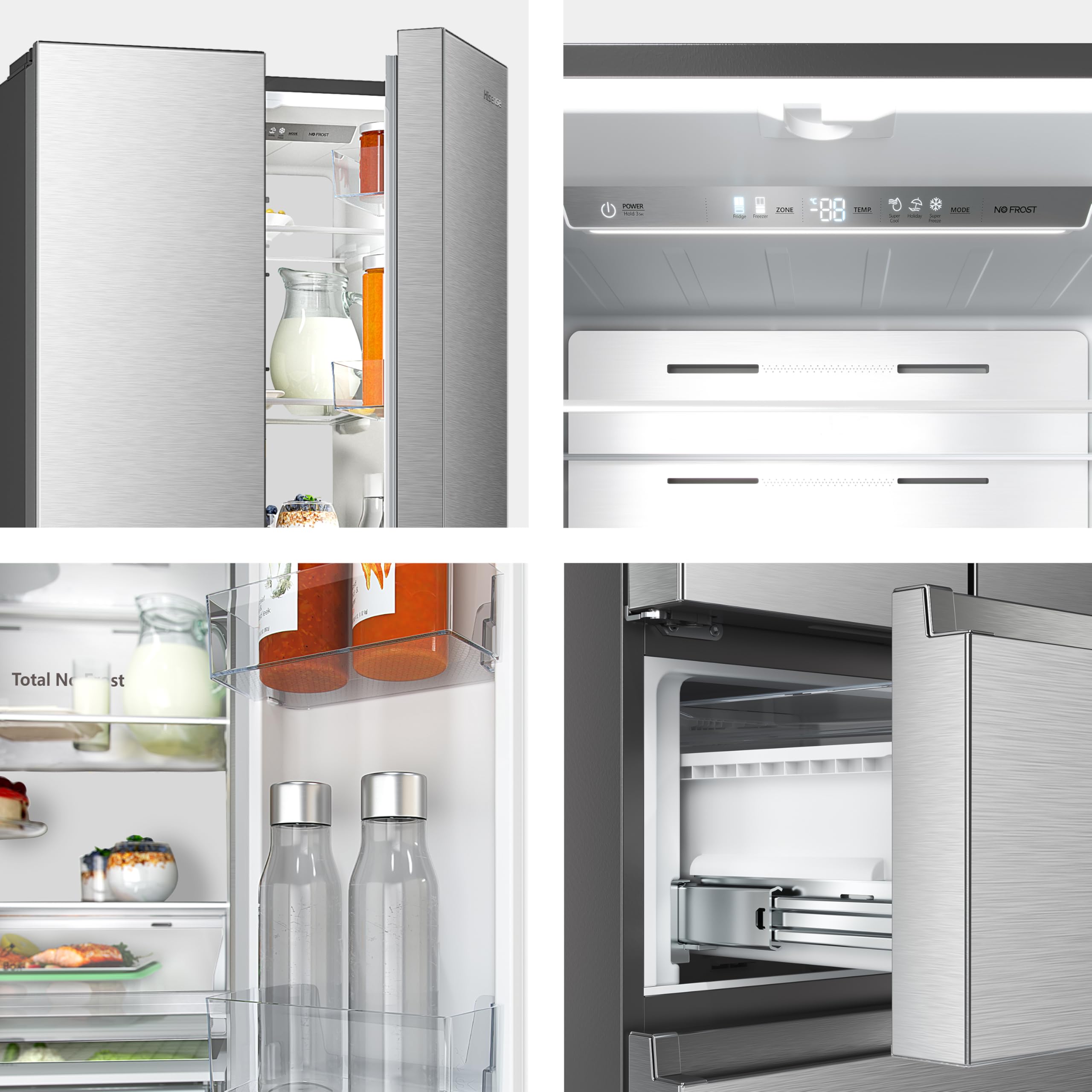 Hisense RF632N4WIE 70cm Freestanding French Door Fridge Freezer Metallic with Water Dispenser & Metal cooling 70 × 200 × 69.4 cm (W×H×D)