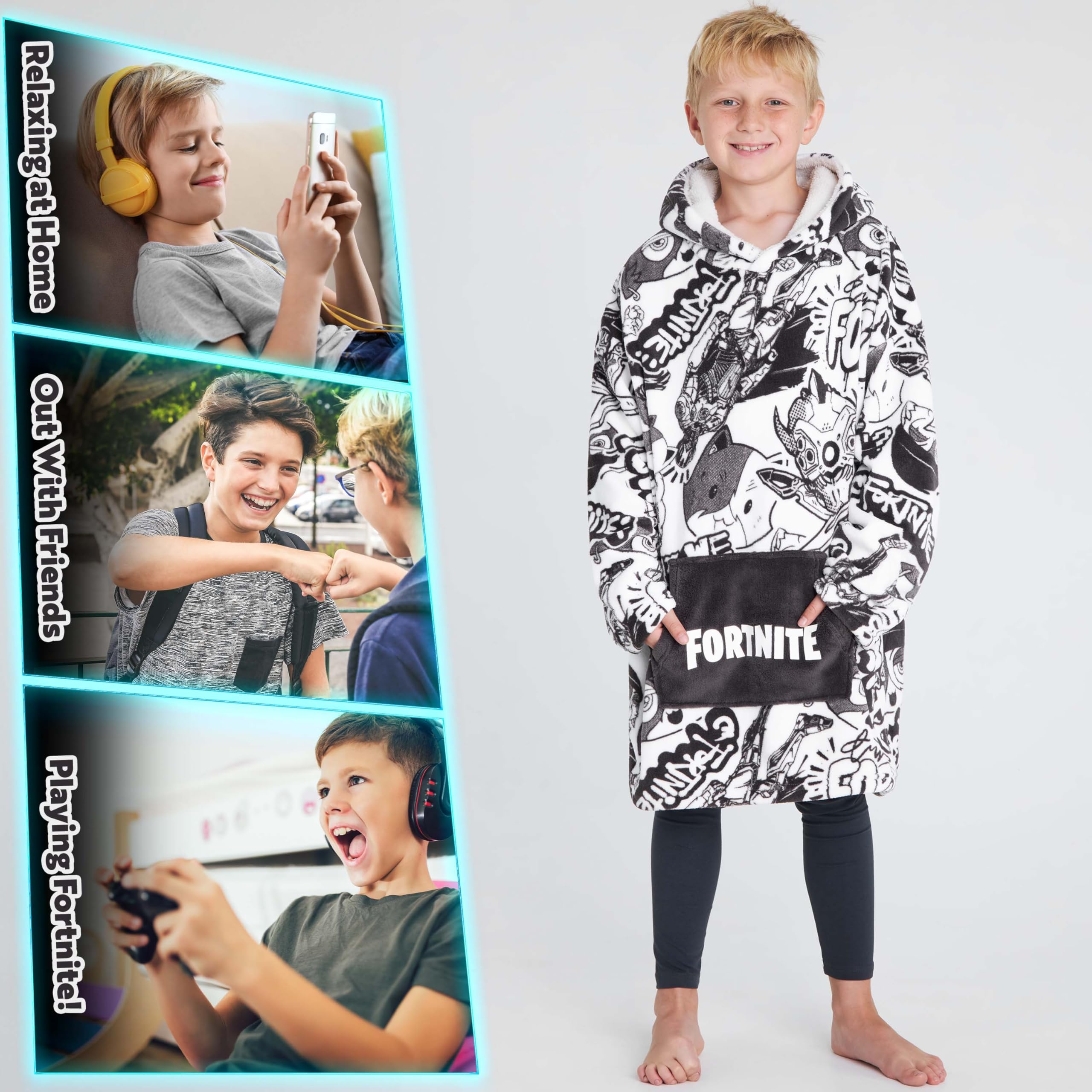 Fortnite Oversized Hoodie Blankets for Boys Fleece Extra Long Warm Wearable Hooded Poncho for Kids and Teens 14+, Gamers Gifts