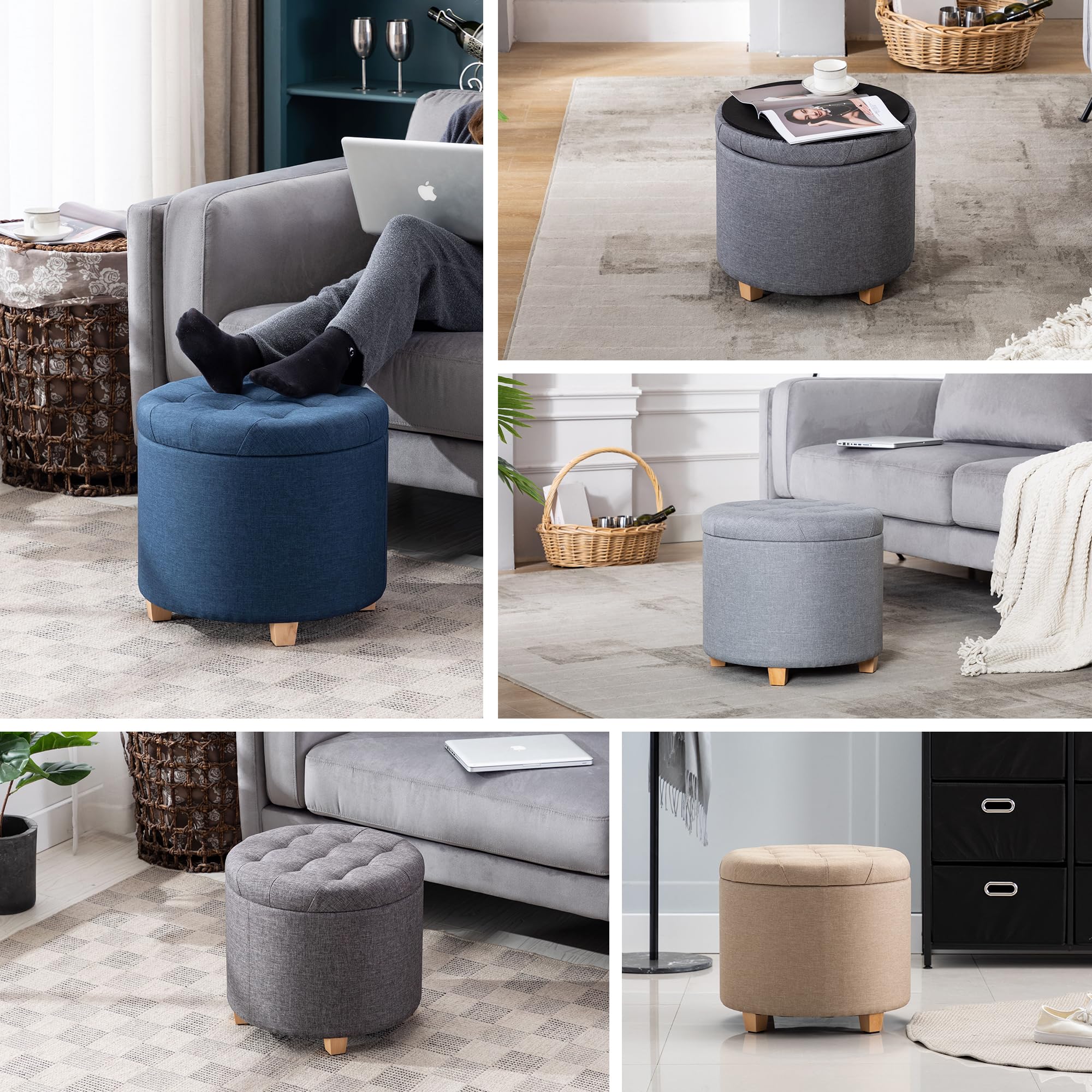 HNNHOME 45cm Round Linen Padded Seat Ottoman Storage Stool Box, Footstool Pouffes Chair with Lids (Lava)