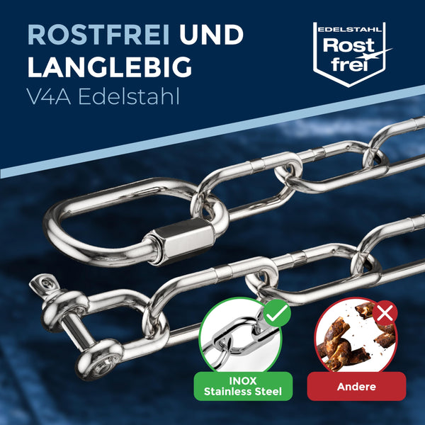 5 Pieces 200-cm = 2-Meter 3 mm Thick Stainless Steel Chain Breaking Load max 350 kg with Shackle Screw connectors Made of V4A mounting Set Suspension