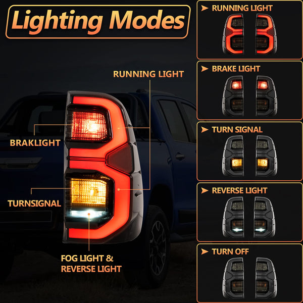 VLAND LED Rear Lights compatible with Hilux Vigo Revo Pickup 2015-2020 [Not fit a Tonka], w/Amber Sequential indicator, Driver & Passenger Side - Red