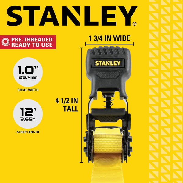 STANLEY S1007 Black/Yellow 1.5" x 16' Ratchet Tie Down Straps - 1,100 lb Safe Working Load / 3,300 lb Break Strength, 2 Pack
