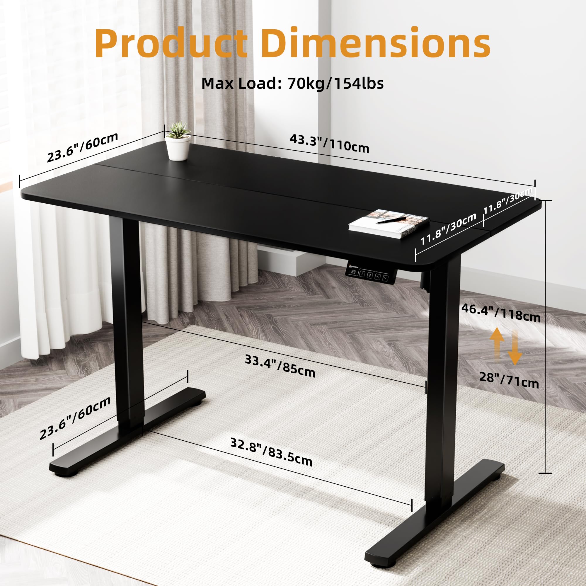 ERGOMAKER Electric Height Adjustable Standing Desk 80x60cm (31.5"x23.6"), Sit Stand Desk with Splicing Top for Home Office (Black Frame + Black Desktop)