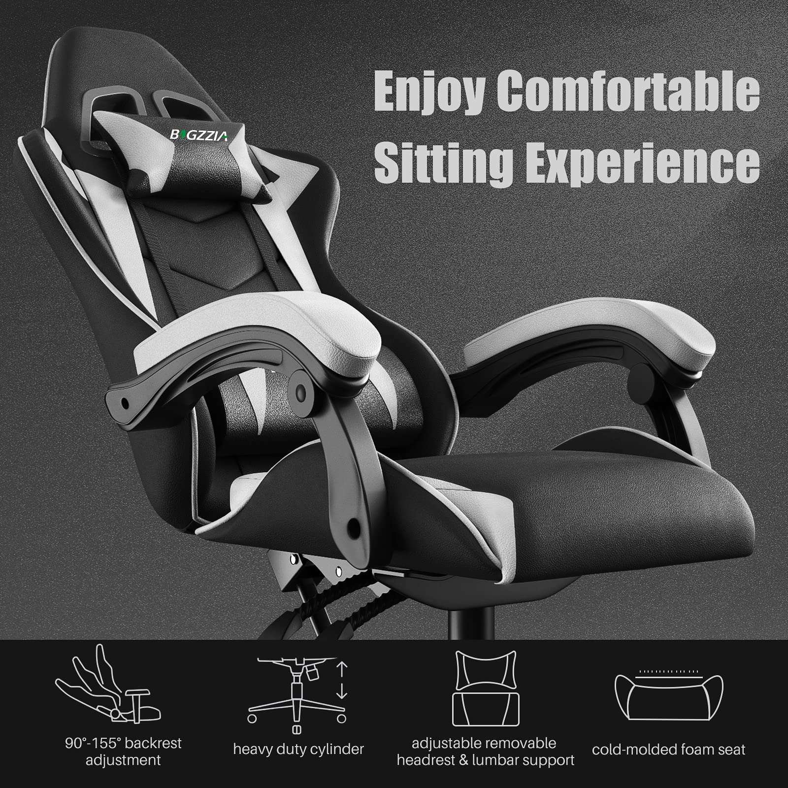 bigzzia Ergonomic Gaming Chair - Gamer Chairs with Lumbar Cushion + Headrest, Height-Adjustable Office & Computer Chair for Adults (without footrest, White)